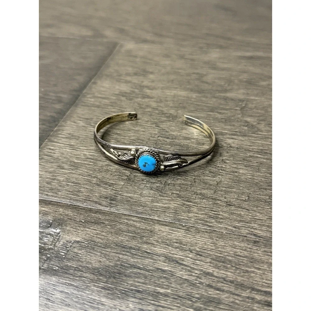 Native American Turquoise Sterling Silver Cuff Bracelet Signed RB